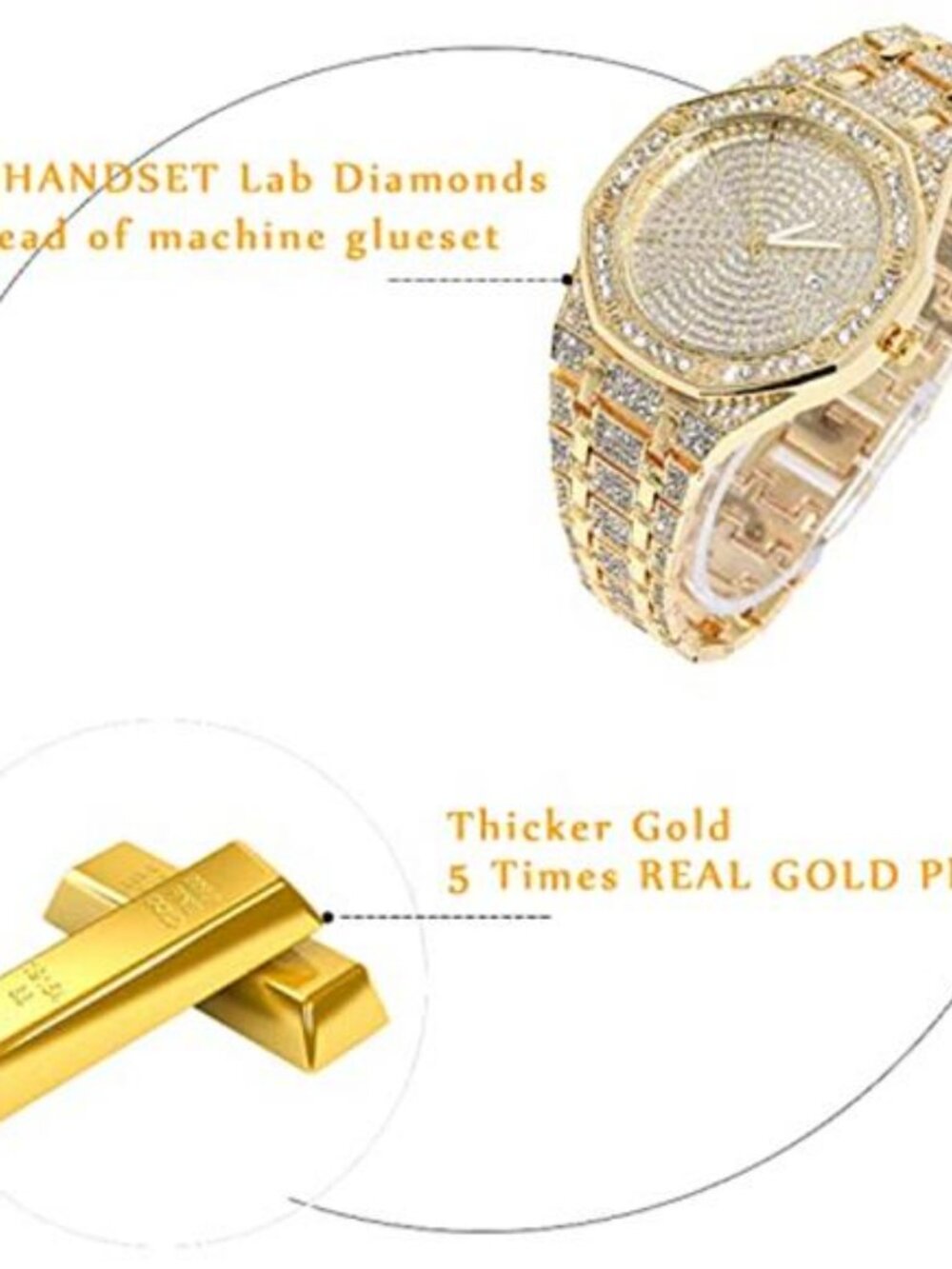 Diamond Watch for Men 18K Real Gold/Platinum White Gold - Picture 3 of 5